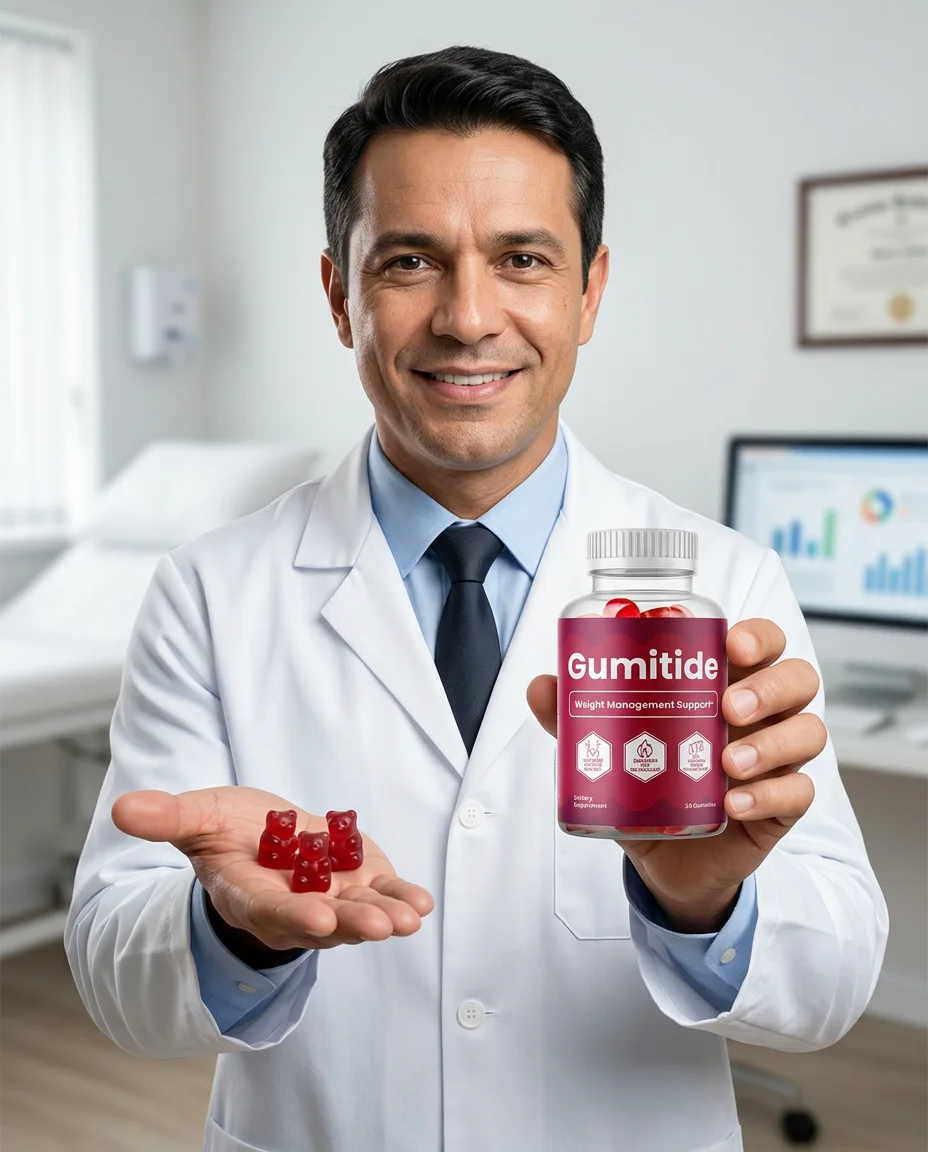 Professional holding a bottle of Gumitide apple cider vinegar and BHB gummies