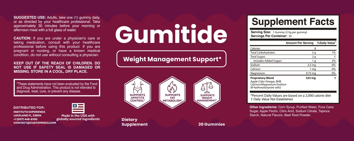 Gumitide Supplement Facts label showing apple cider vinegar and BHB blend