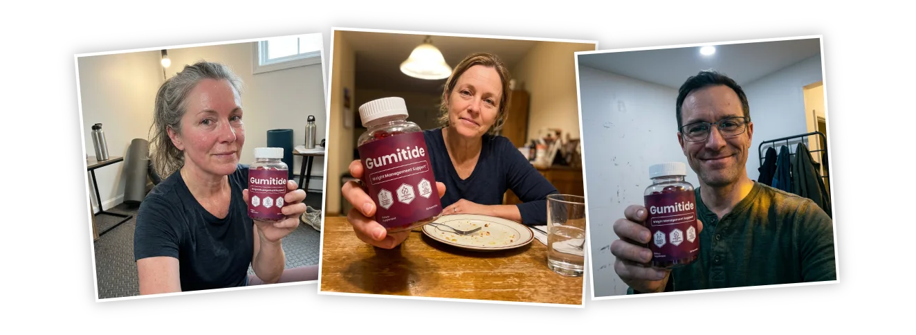 Three happy Gumitide customers holding their bottles